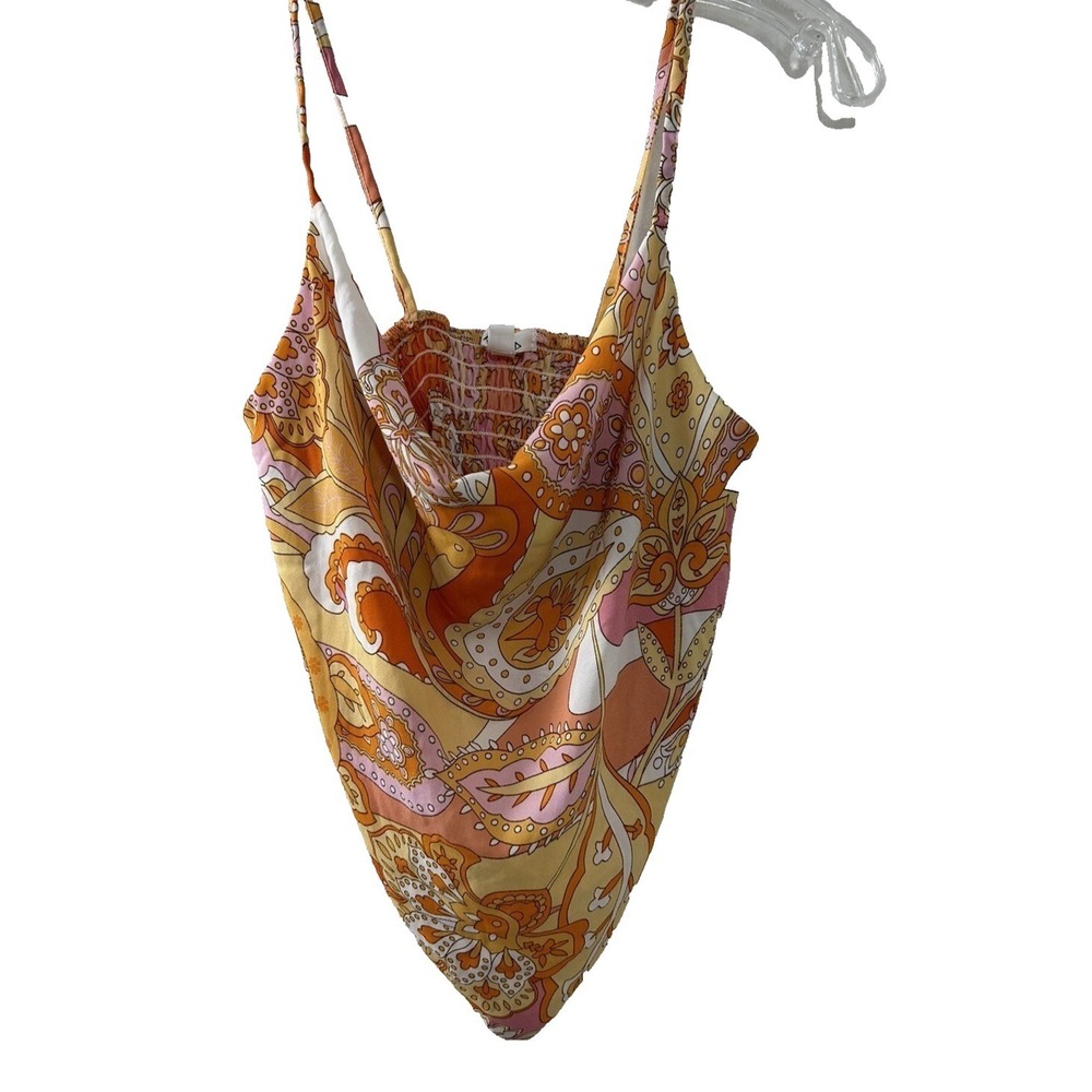 Persaya Womens Orange Paisley Handkerchief Hem Cowl Neck Cami Top Large Made USA